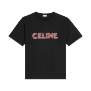 Celine Rhinestones Loose T-Shirt in Cotton Jersey Black Red
