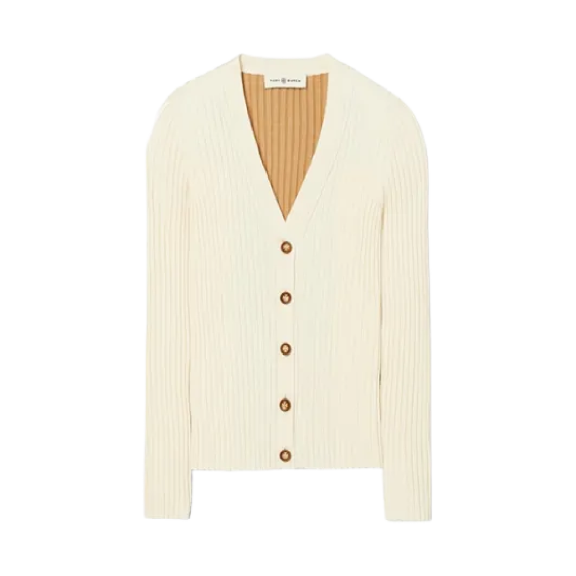 135601-207 (W) Tory Burch Ribbed Knit Button Up Cardigan Dark Brown Sugar