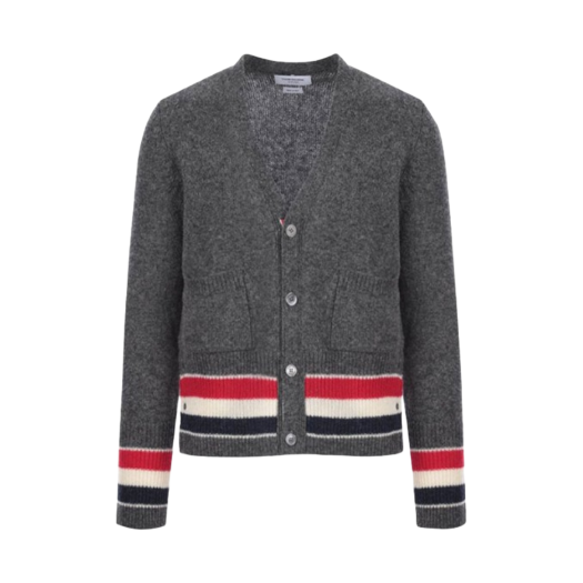Thom Browne Shetland Stripe Classic V-Neck Cardigan Grey