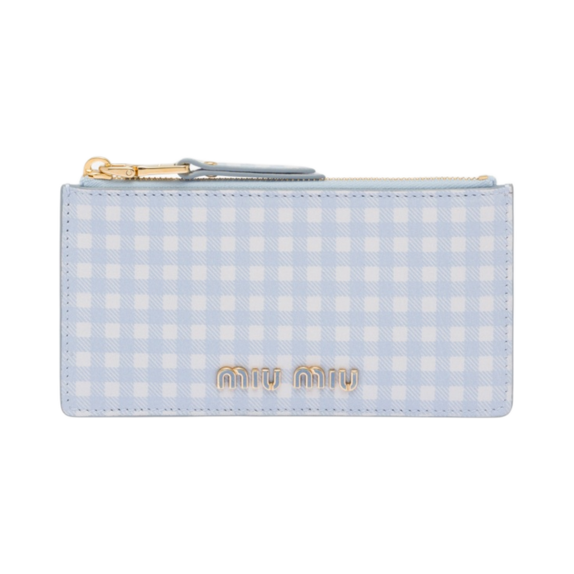 미우 미우 프린트 마드라스 가죽 엔벌로프 지갑 스카이 블루 화이트(Miu Miu Printed Madras Leather Envelope Wallet Sky Blue White) - 1
