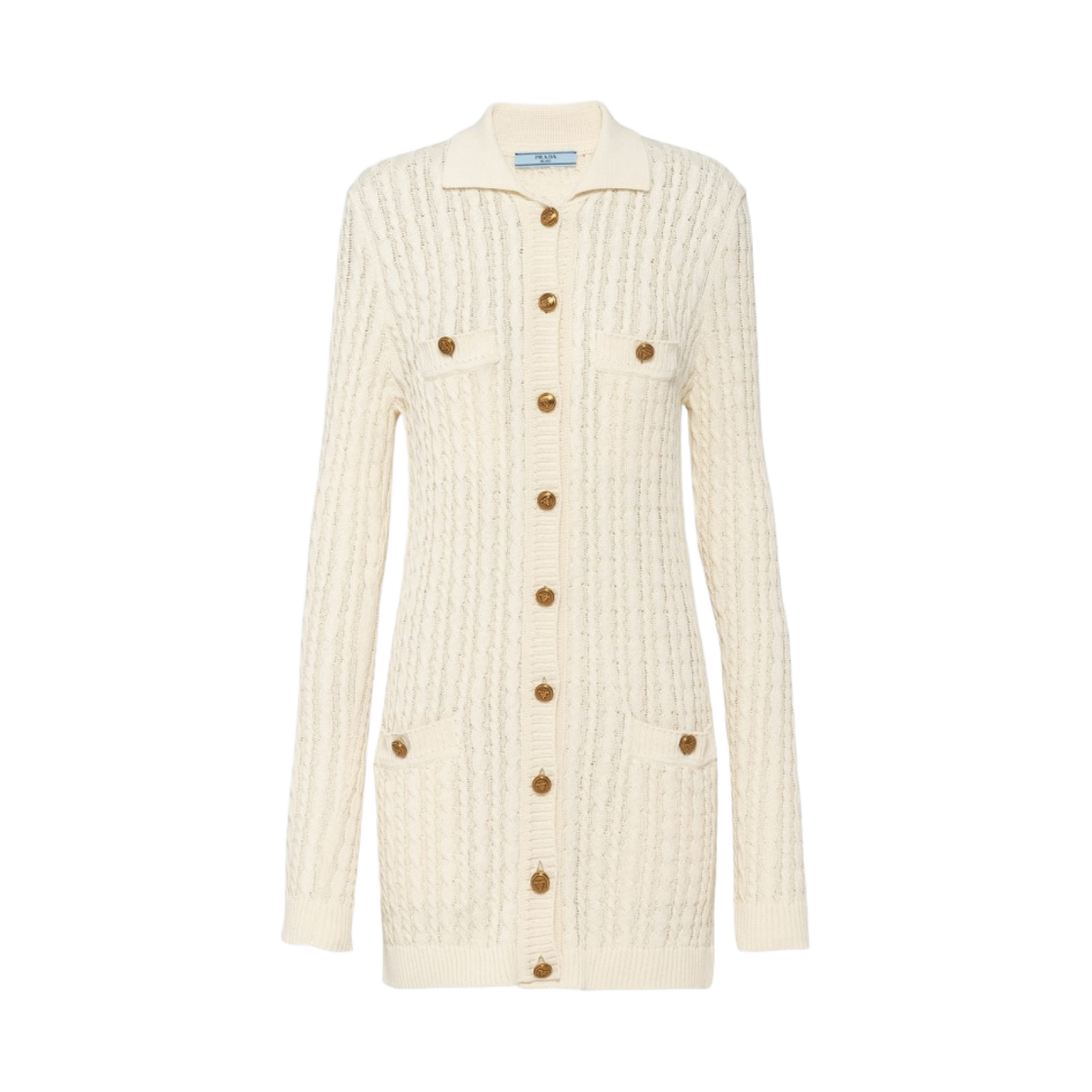 (W) 프라다 케이블 니트 코튼 미니 드레스 아이보리((W) Prada Cable-Knit Cotton Mini-Dress Ivory) - 1