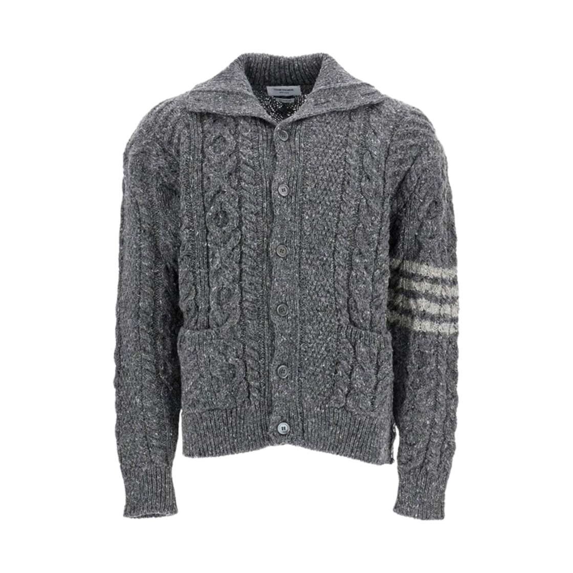 톰브라운 도네갈 믹스 케이블 스티치 사선 모크넥 가디건 미디움 그레이(Thom Browne Donegal Mix Cable Stitch 4-Bar Mock Neck Cardigan Medium Grey)