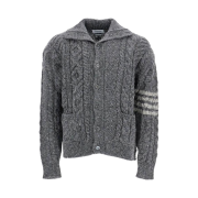 Thom Browne Donegal Mix Cable Stitch 4-Bar Mock Neck Cardigan Medium Grey