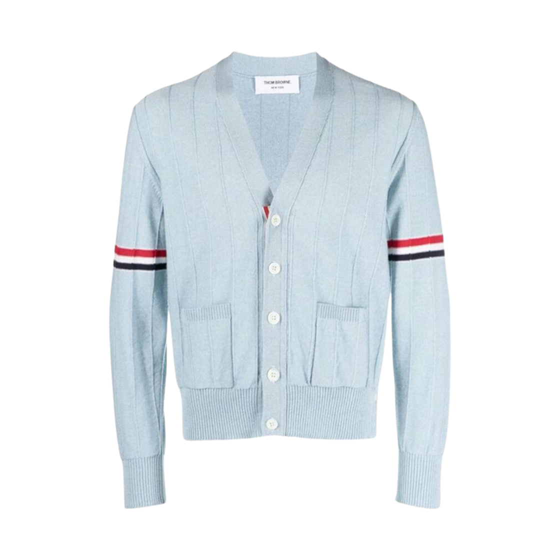 MKC519A-Y1002-480 Thom Browne Wool Relaxed V-Neck Armband Cardigan Light Blue