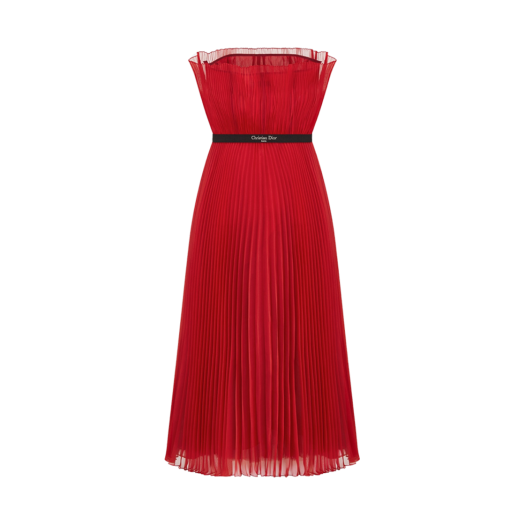 (W) Dior Pleated Bustier Dress Red Silk Organza