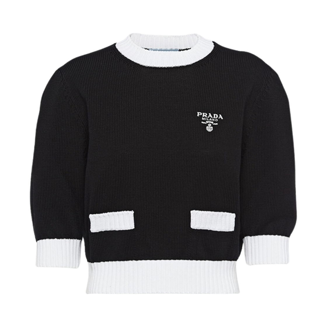 (W) 프라다 코튼 크루넥 스웨터 블랙 화이트((W) Prada Cotton Crewneck Sweater Black White) - 1