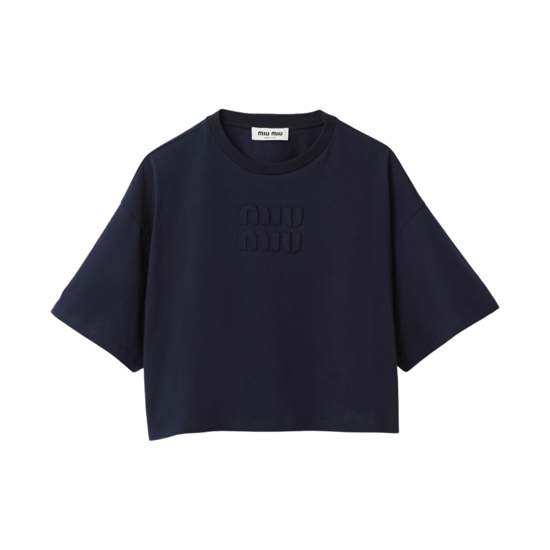 (W) 미우 미우 자수 로고 코튼 저지 티셔츠 블루((W) Miu Miu Cotton Jersey T-Shirt with Embroidered Logo Blue) - 1