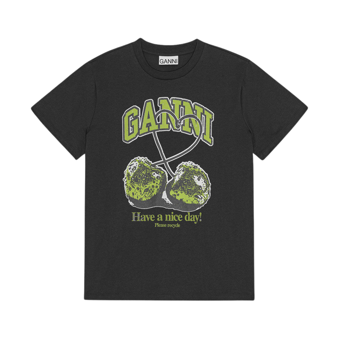 (W) 가니 베이직 저지 그린 체리 릴렉스드 티셔츠 팬텀((W) Ganni Basic Jersey Green Cherry Relaxed T-Shirt Phantom)