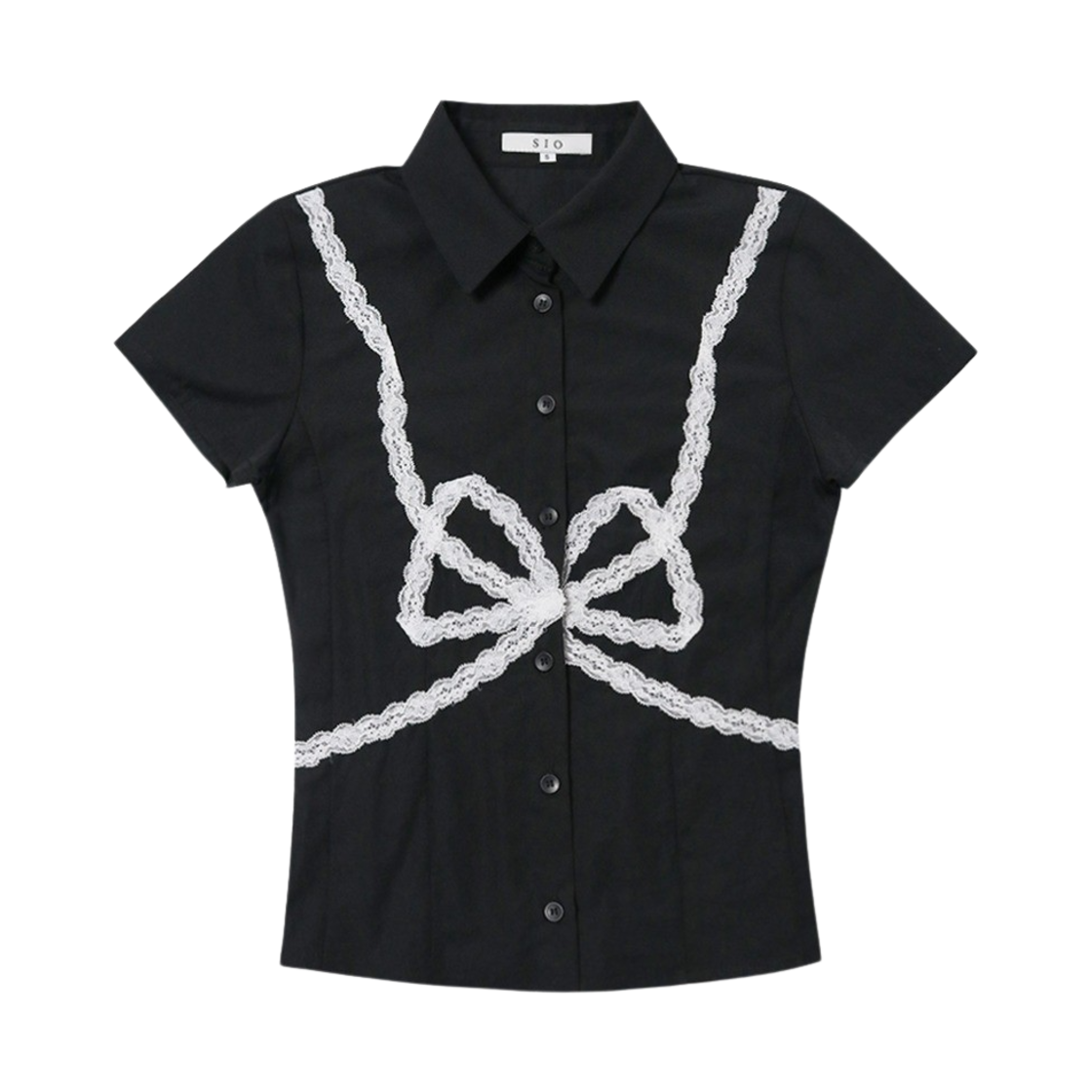 시오 리본 디테일 숏 슬리브 셔츠 블랙(SIO Ribbon Detail Short Sleeve Shirt Black)