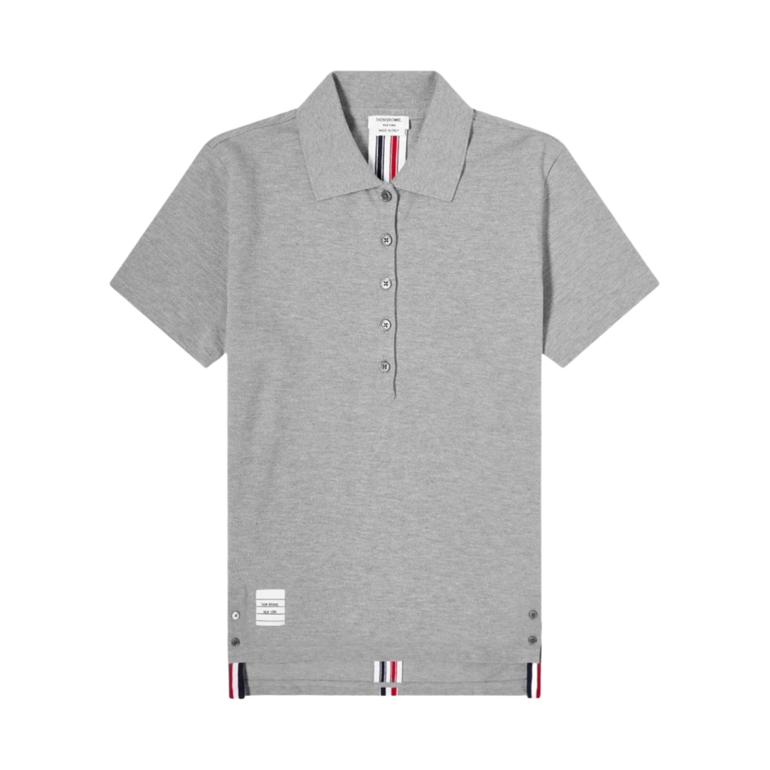 FJP014A-00050-055 (W) Thom Browne Relaxed Fit Short Sleeve Polo Center Back RWB Stripe in Classic Pique Light Grey