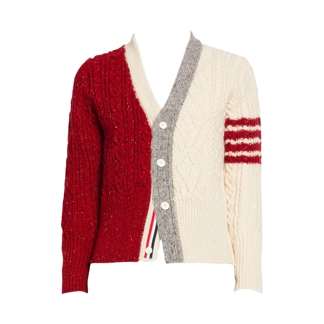 톰브라운 펀믹스 아란 케이블 도네갈 사선 가디건 레드 크림(Thom Browne Fun-Mix Aran Cable Donegal 4-Bar Cardigan Red Cream) - 1