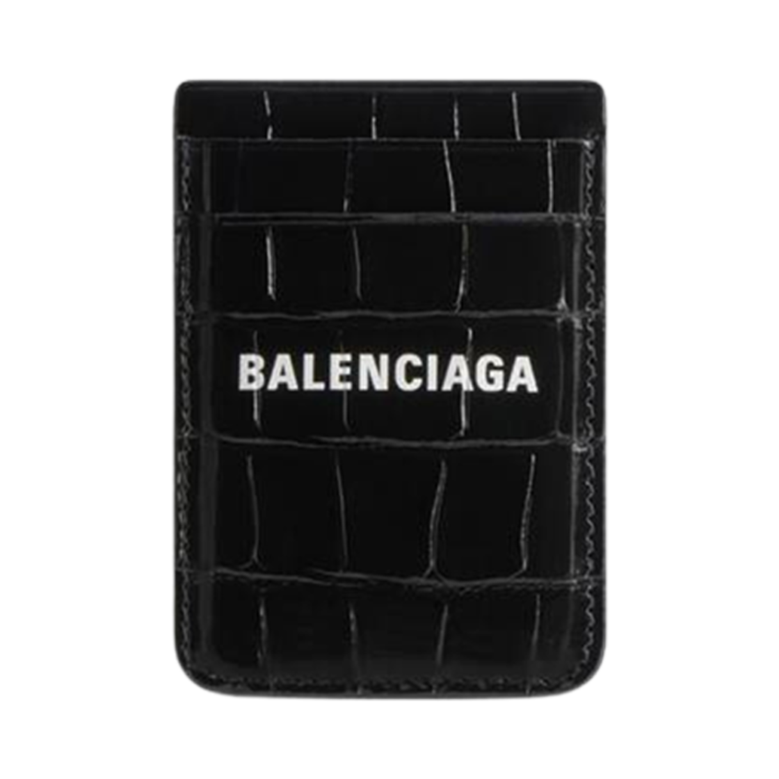6758352AAYM1090 Balenciaga Cash Magnet Card Holder Crocodile Embossed Grained Leather Black