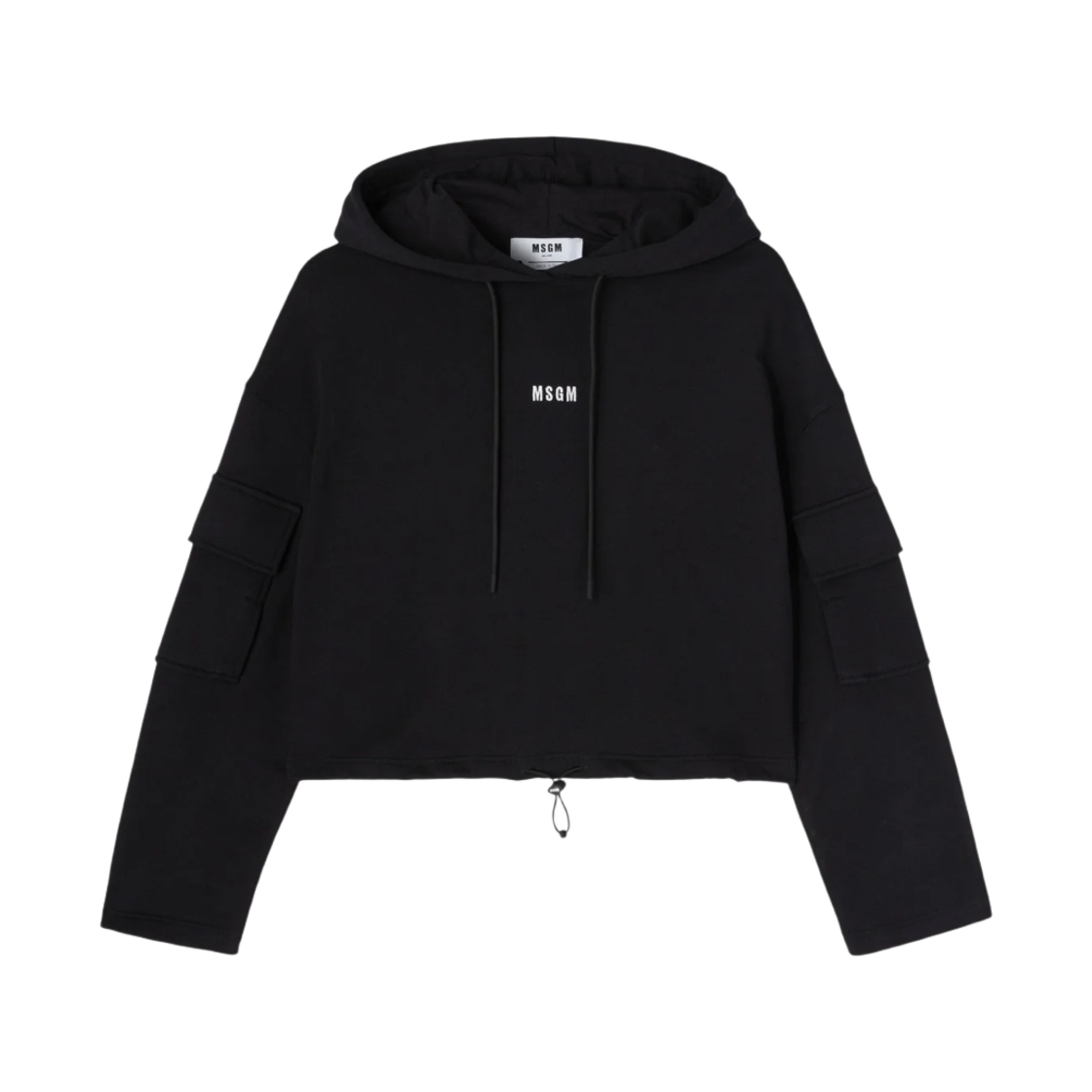 (W) 엠에스지엠 어드저스터블 엘라스틱 바텀 코튼 후드 스웨트셔츠 블랙((W) MSGM Cotton Hooded Sweatshirt with Adjustable Elastic Bottom Black) - 1