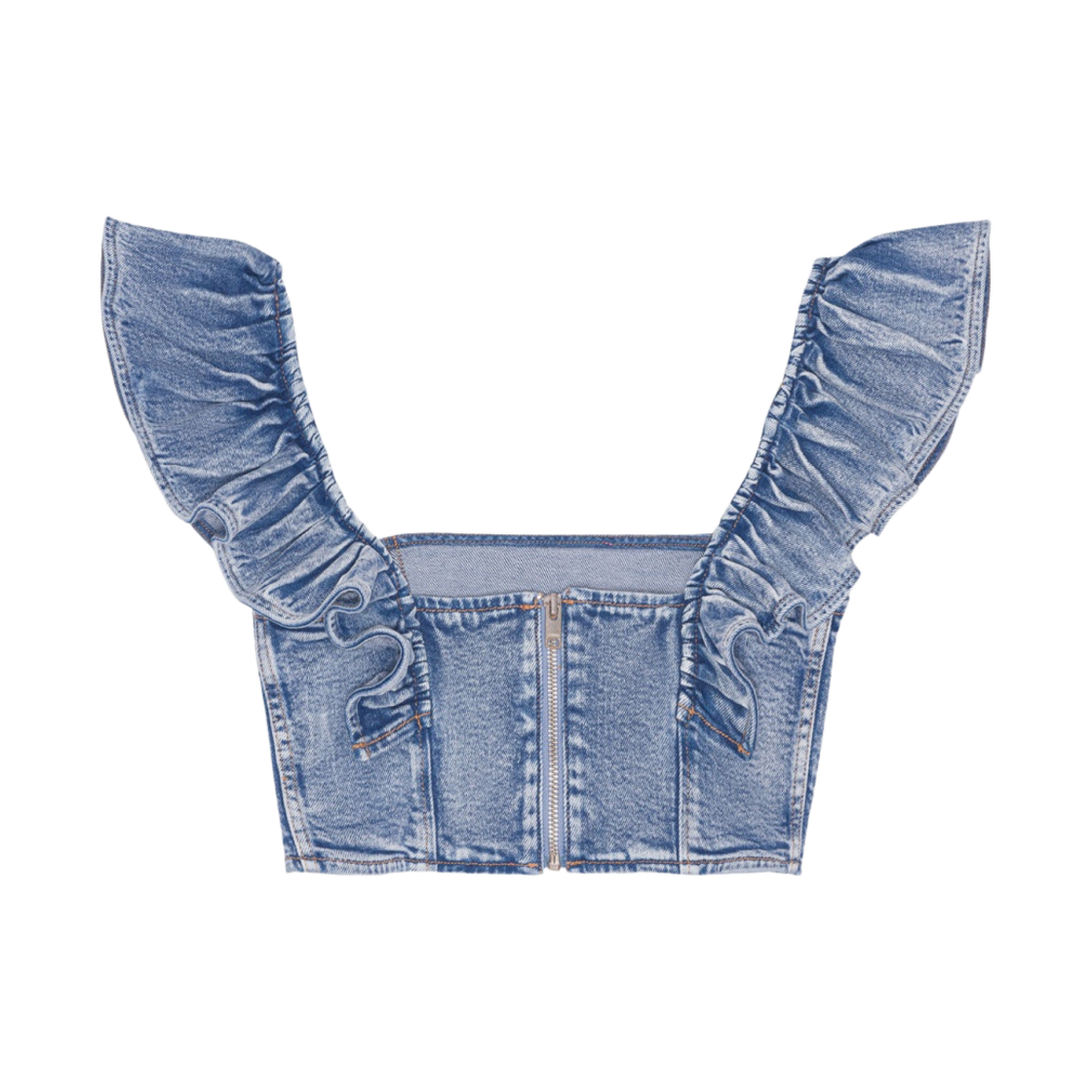 (W) 가니 스트레치 데님 러플 탑 라이트 블루 빈티지((W) Ganni Stretch Denim Ruffle Top Light Blue Vintage) - 2