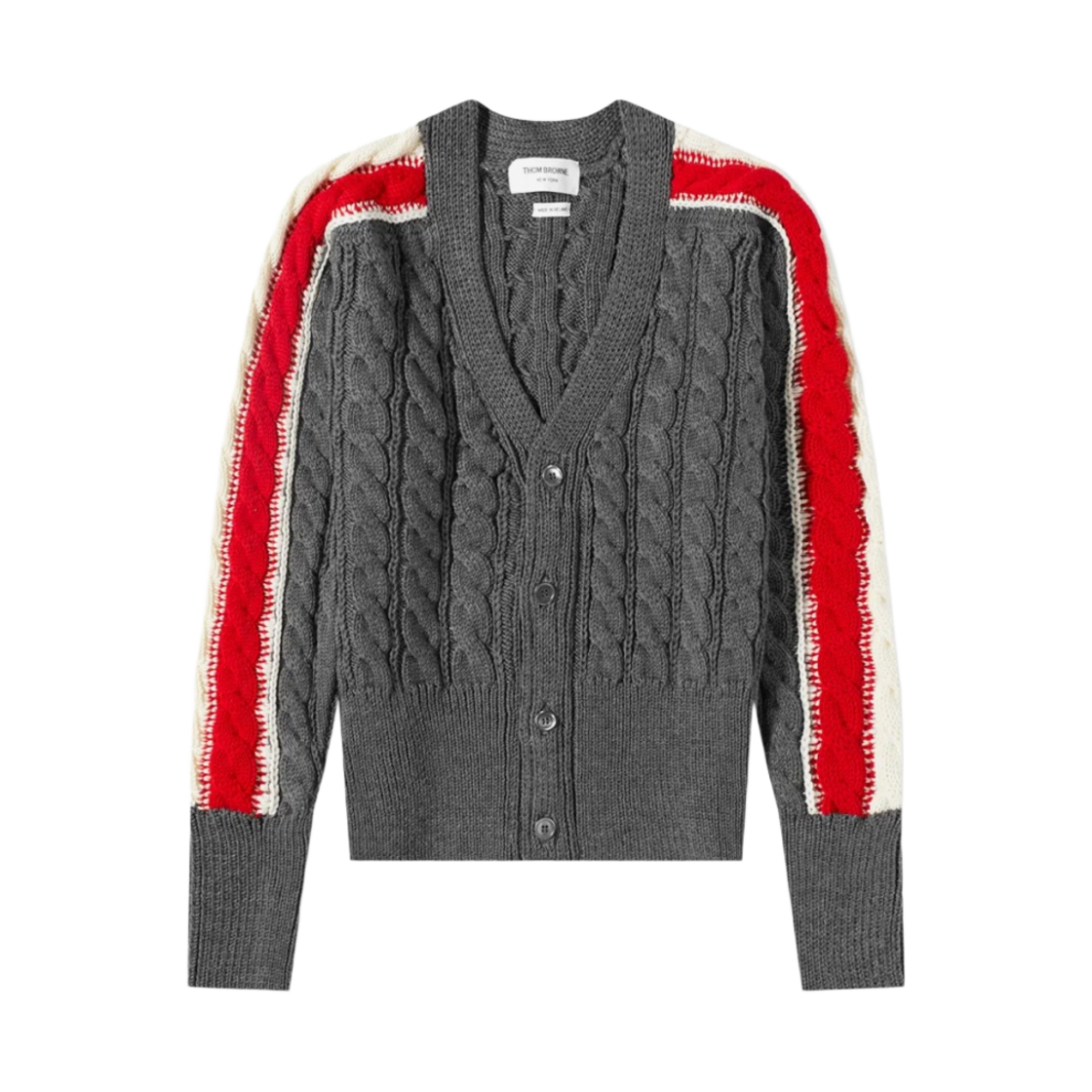 톰브라운 케이블 스티치 메리노 울 스트라이프 슬리브 브이넥 가디건 미디움 그레이(Thom Browne Cable Stitch Merino Wool Stripe Sleeve V-Neck Cardigan Medium Grey) - 1