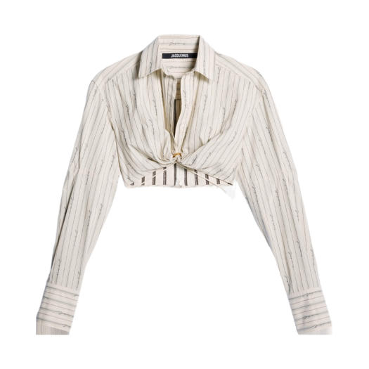 (W) Jacquemus La Chemise Plidao Gathered Shirt Jacquard Beige Logo Strip