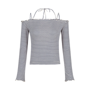 Margarin Fingers Stripe Off Shoulder T Shirt Navy