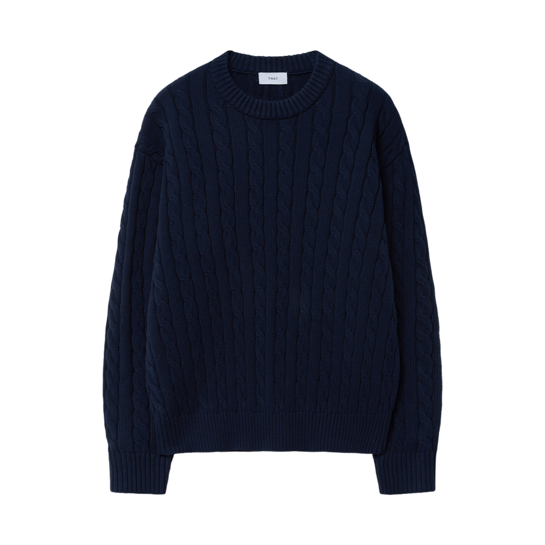 티엔지티 네이비 세미 오버핏 케이블 크루넥 스웨터
