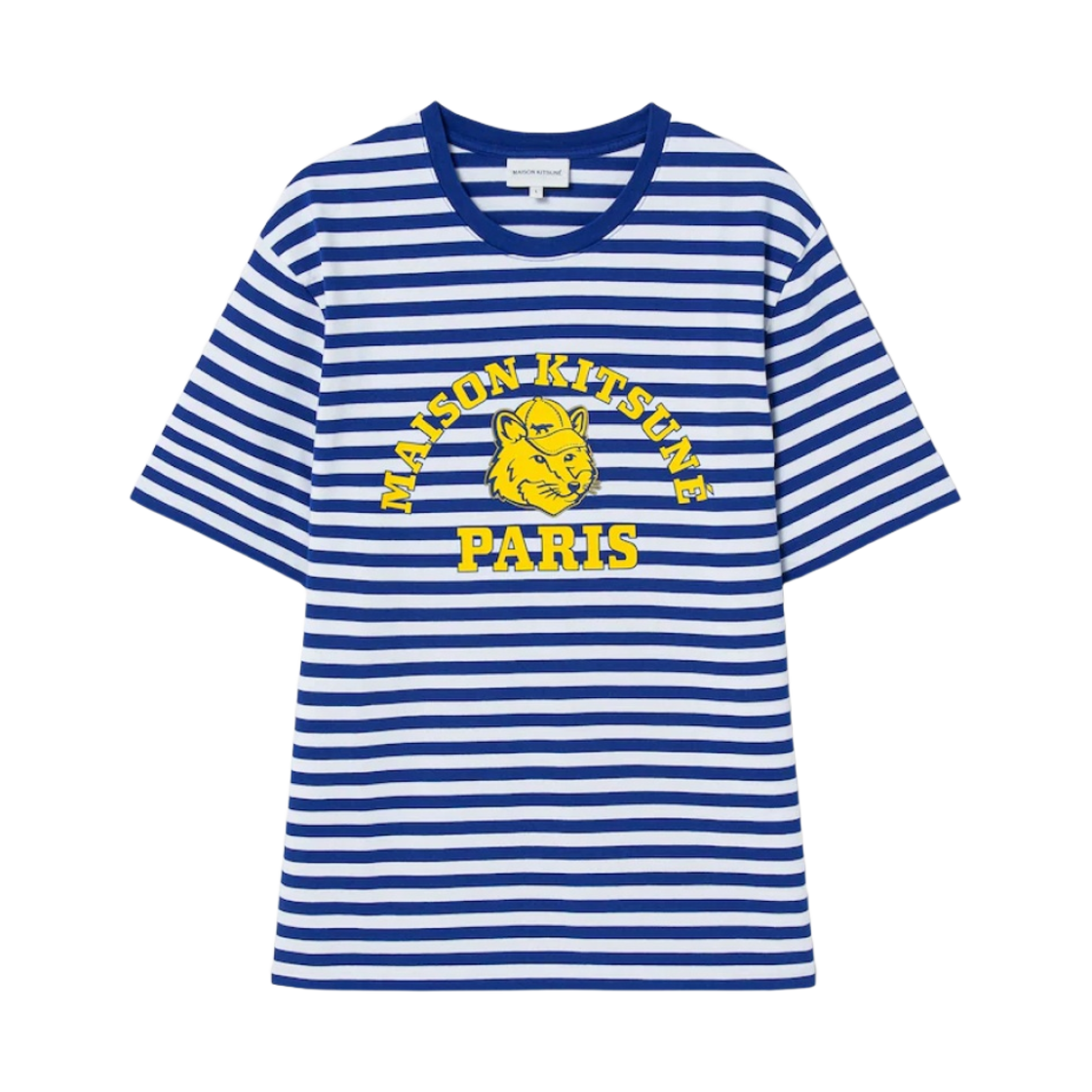 QK3942SM3P Maison Kitsune Fox Head Printed Striped Regular T-Shirt White Cobalt Stripes - Korea Exclusive