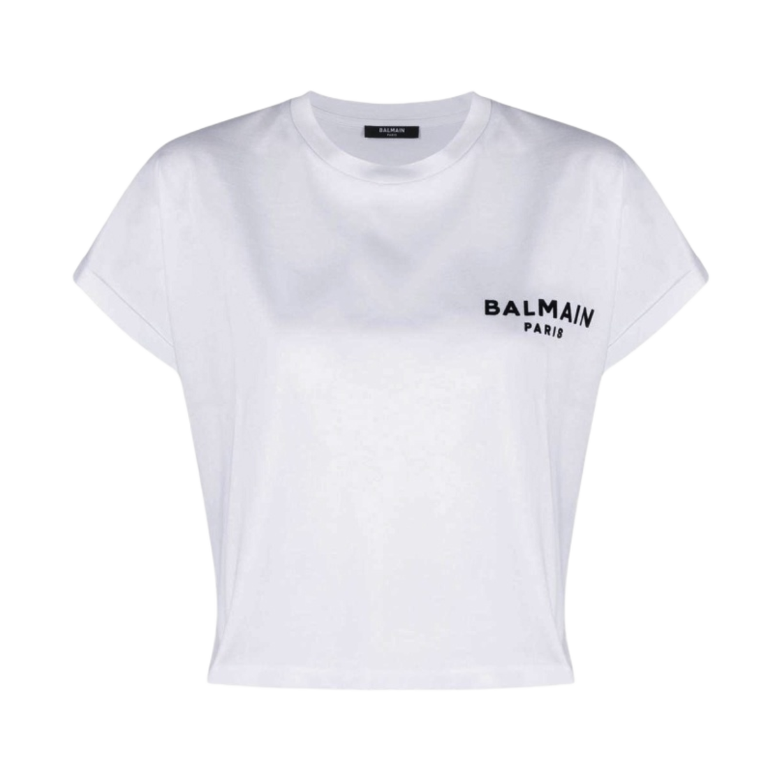 AF1EE005BB01GAB (W) Balmain Eco Responsible Cropped Cotton T-Shirt with Balmain Logo Print White