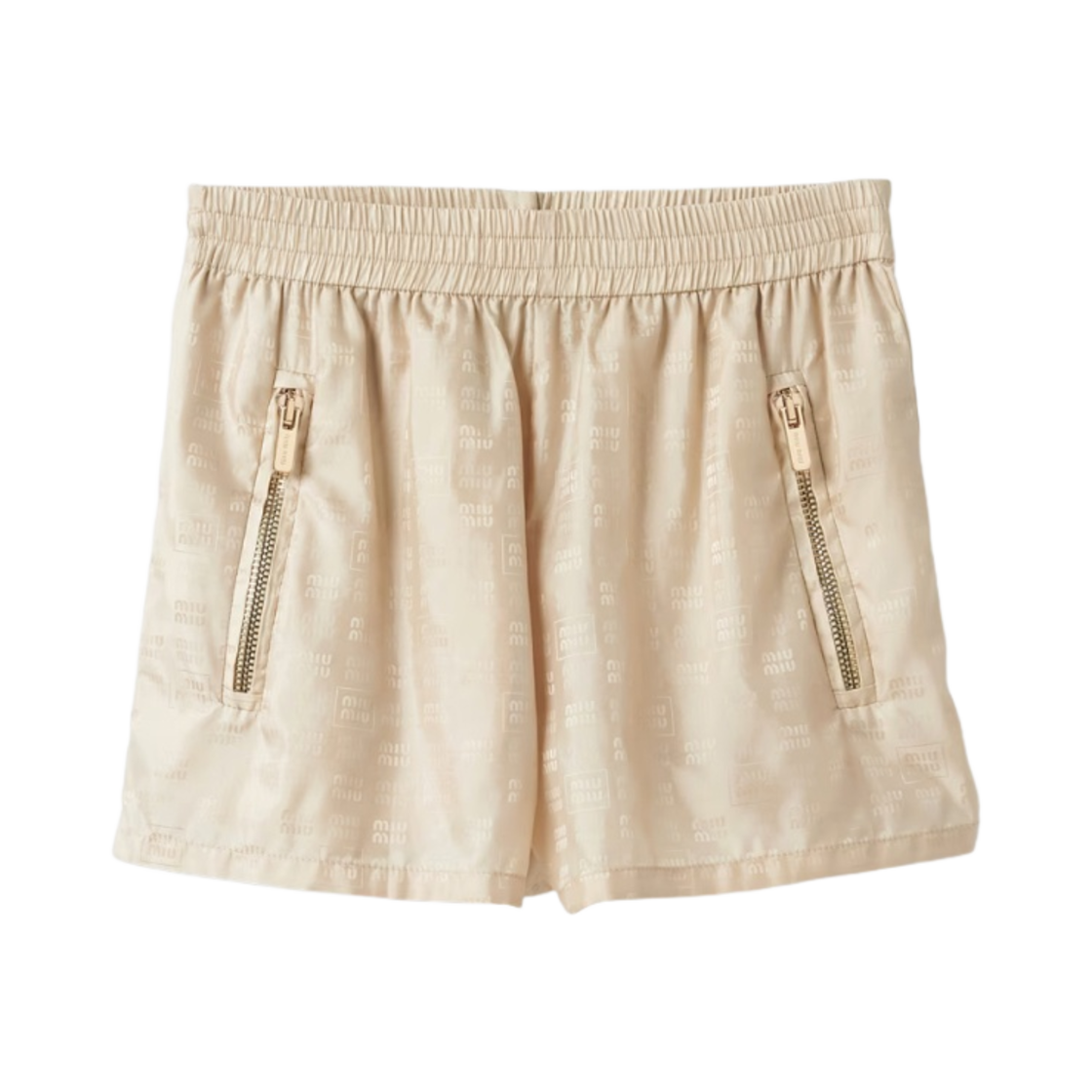 (W) 미우 미우 로고 나일론 쇼츠 데저트 베이지((W) Miu Miu Nylon Shorts with Logo Desert Beige) - 1