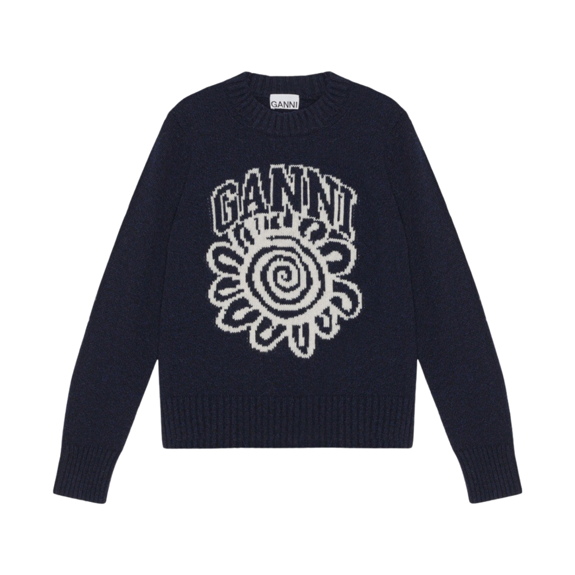 K1966-683 (W) Ganni Blue Flower Graphic O-Neck Pullover Sky Captain
