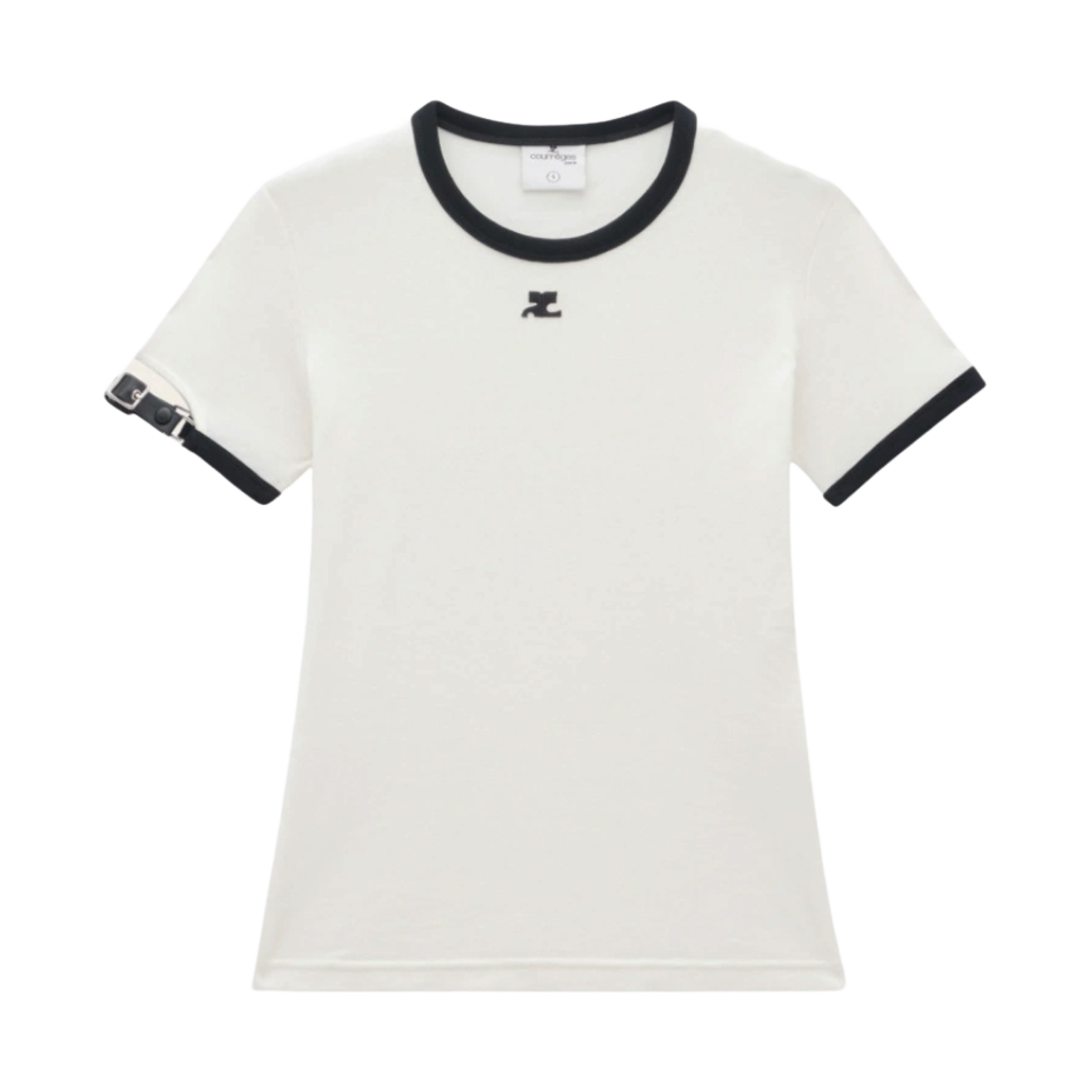 (W) 꾸레쥬 버클 콘트라스트 티셔츠 화이트 헤리티지 블랙((W) Courreges Buckle Contrast T-Shirt White Heritage Black)