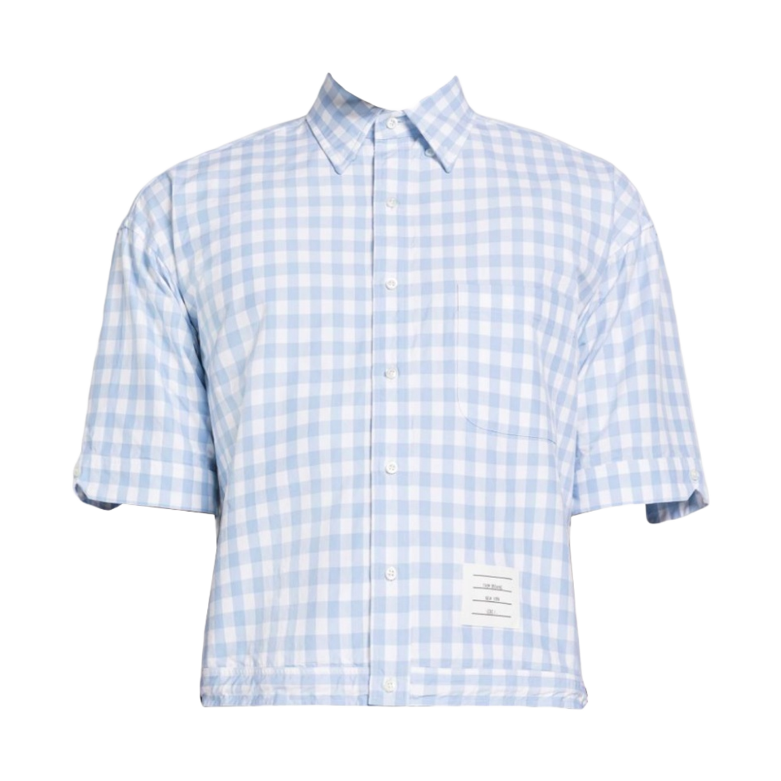 MWS257A-F0166-480 Thom Browne Gingham Poplin Drawstring Hem Short Sleeve Shirt Light Blue