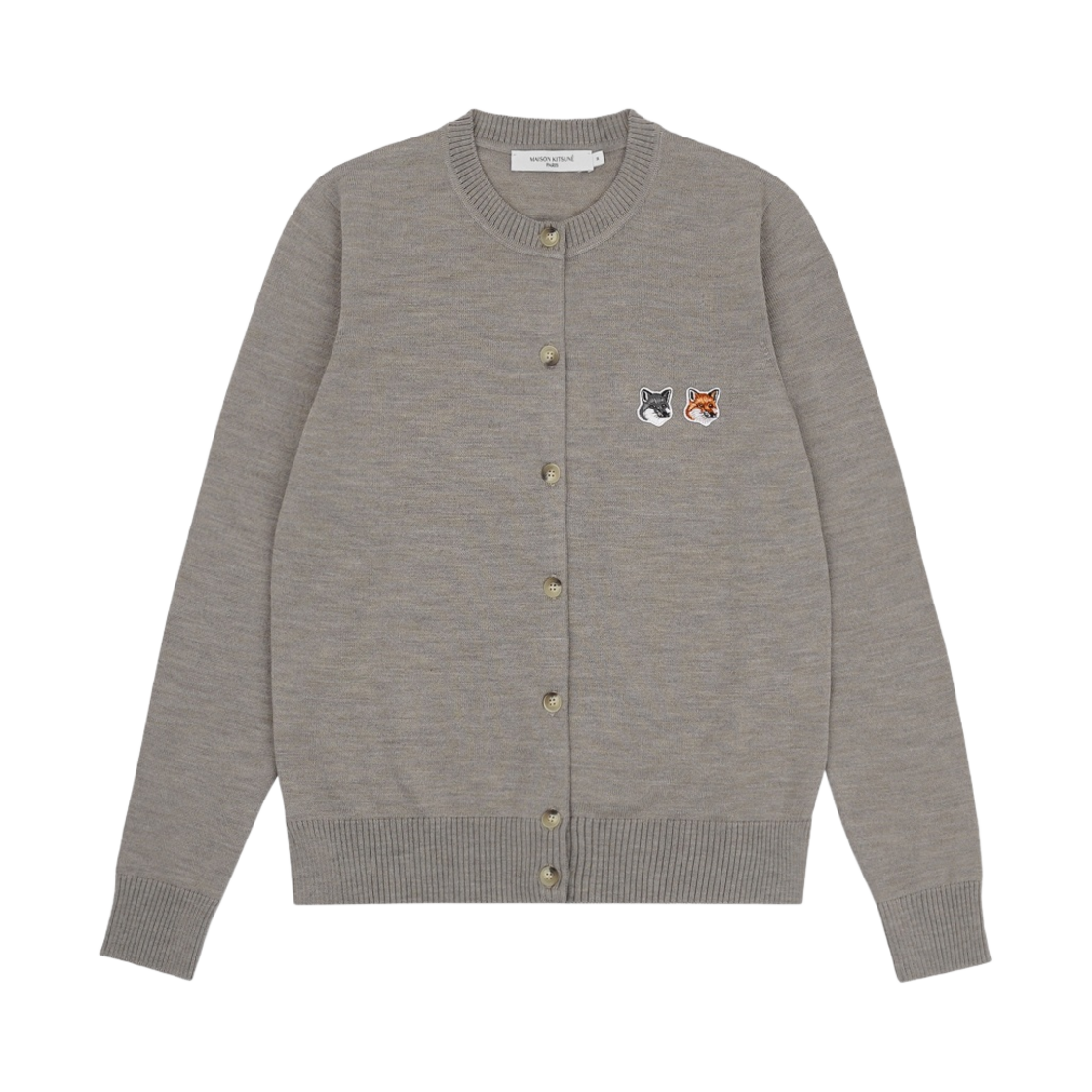 (W) 메종 키츠네 더블 폭스 헤드 패치 라운드넥 가디건 베이지 멜란지((W) Maison Kitsune Double Fox Head Patch R-Neck Cardigan Beige Melange)