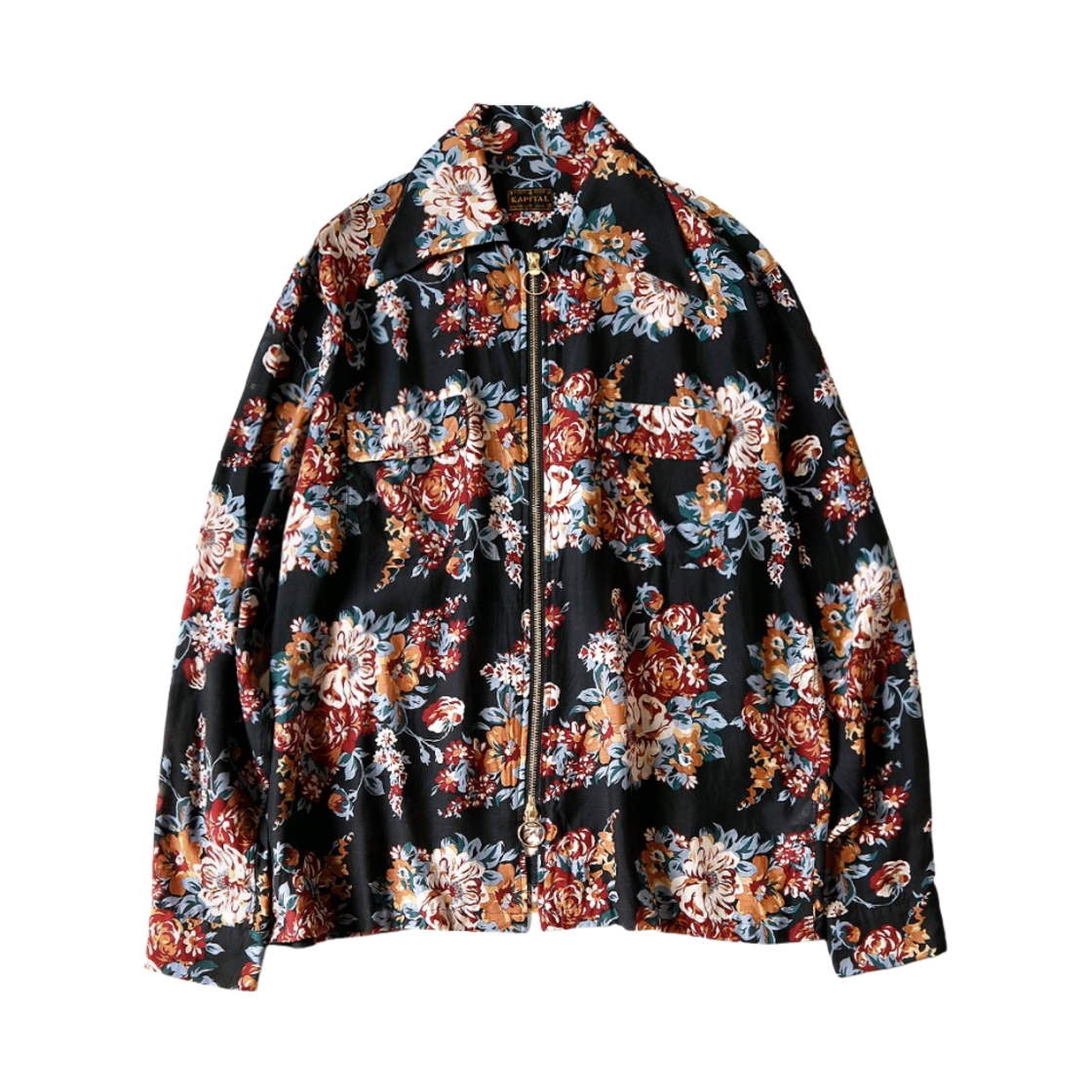 캐피탈 실크 레이온 샴페인 마리아 패턴 드리즐 오픈 칼라 셔츠 롱슬리브 블랙