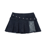 Darling You're Bad Women Stone Denim Pleats Skirt Blue