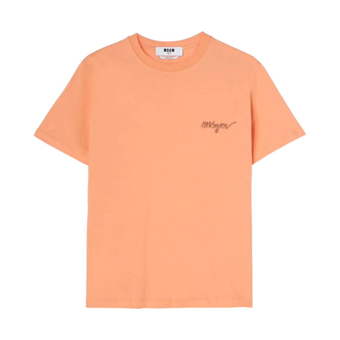 (W) 엠에스지엠 자수 로고 커시브 코튼 크루넥 티셔츠 멀티컬러 오렌지((W) MSGM Cotton Crewneck T-Shirt with Multicolor Embroidered Logo in Cursive Orange) - 1