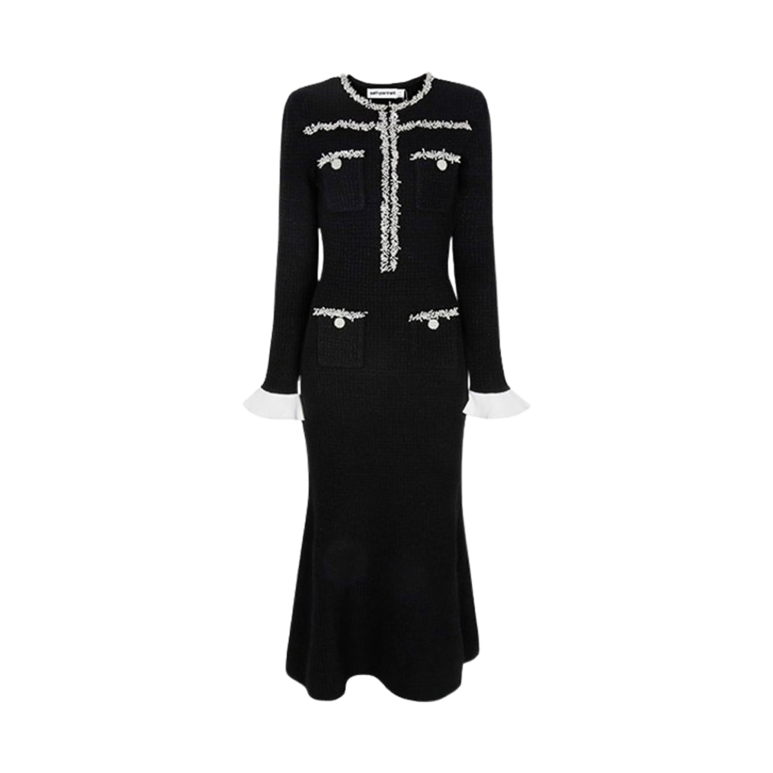 (W) 셀프 포트레이트 펄 트리밍 니트 미니 드레스 블랙((W) Self Portrait Pearl Trim Knit Mini Dress Black)