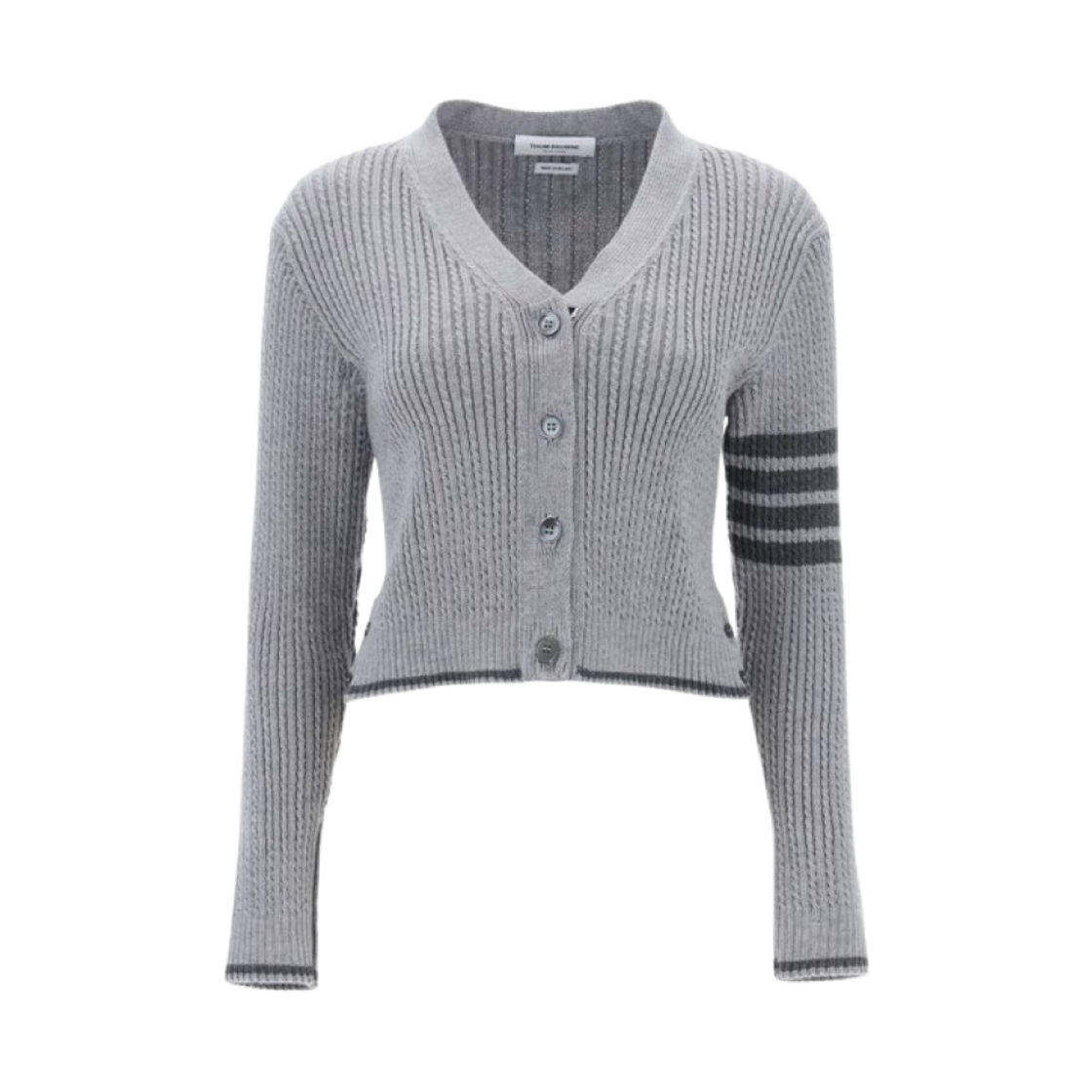 FKC588A-Y1024-055 (W) Thom Browne Merino Wool 4-Bar Cropped Cardigan Light Grey