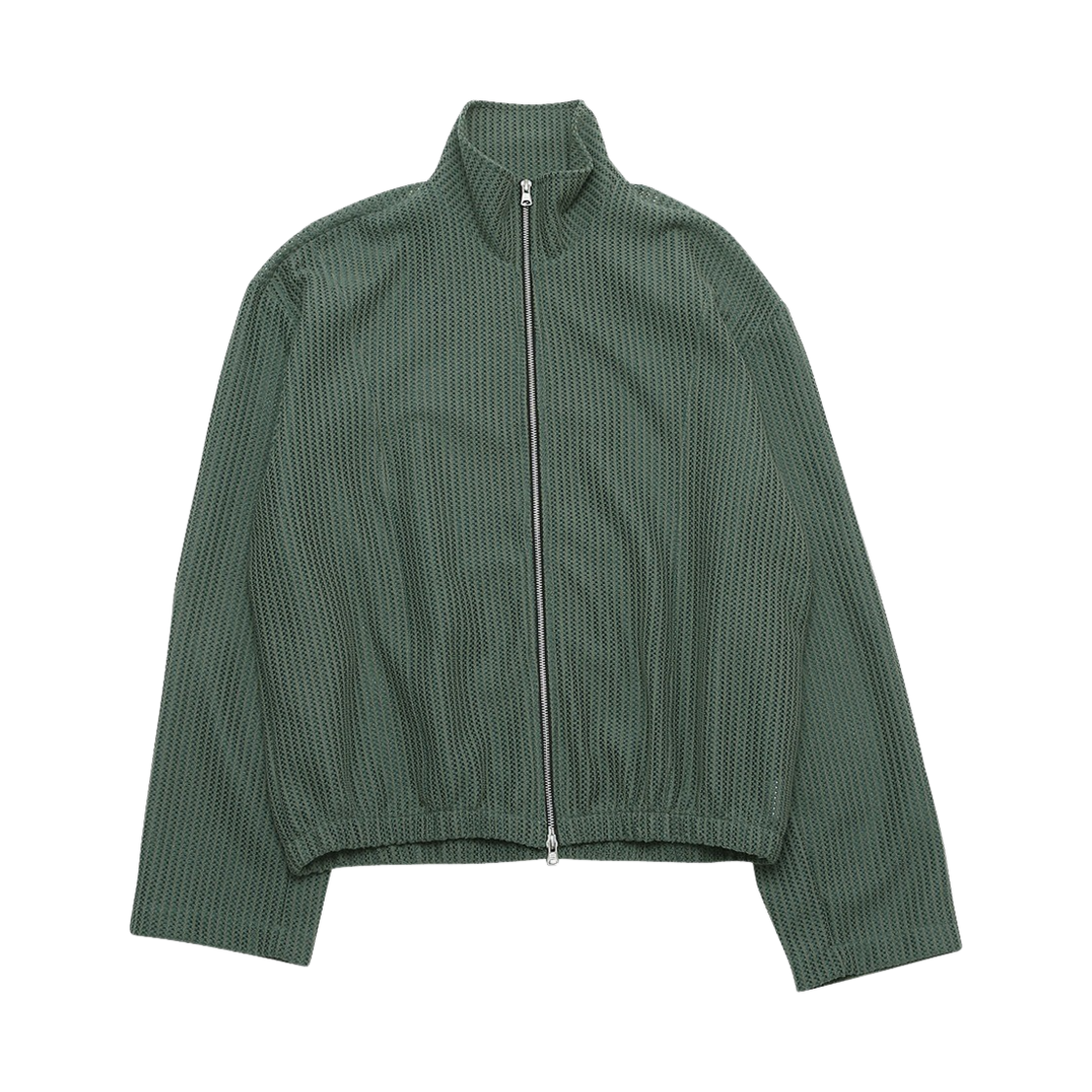 알렌느 라운딩 라인 크로쉐 니트 하이넥 집업 그린