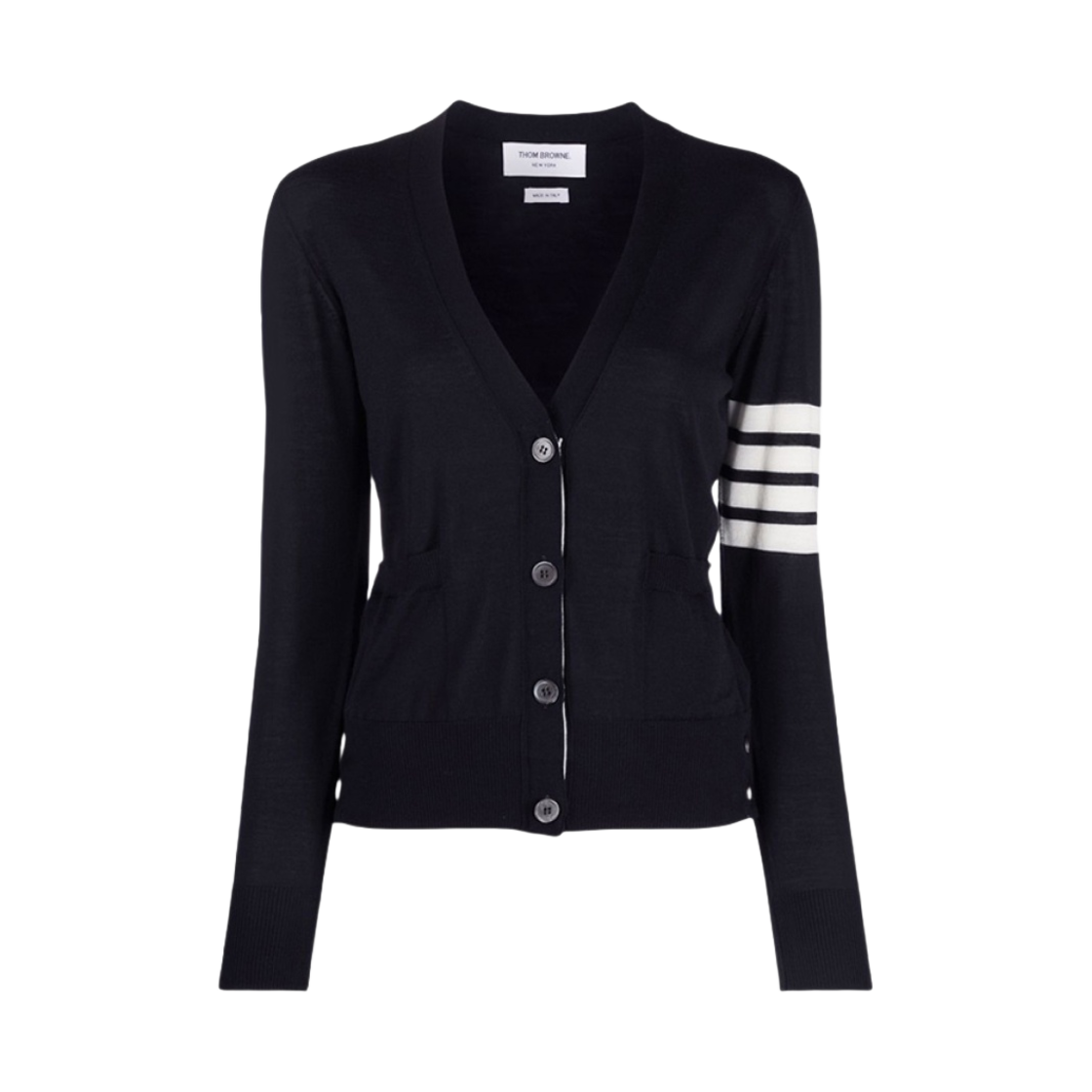 (W) 톰브라운 서스테이너블 파인 메리노 울 사선 릴렉스 핏 브이넥 가디건 네이비((W) Thom Browne Sustainable Fine Merino Wool 4-Bar Relaxed Fit V-Neck Cardigan Navy)