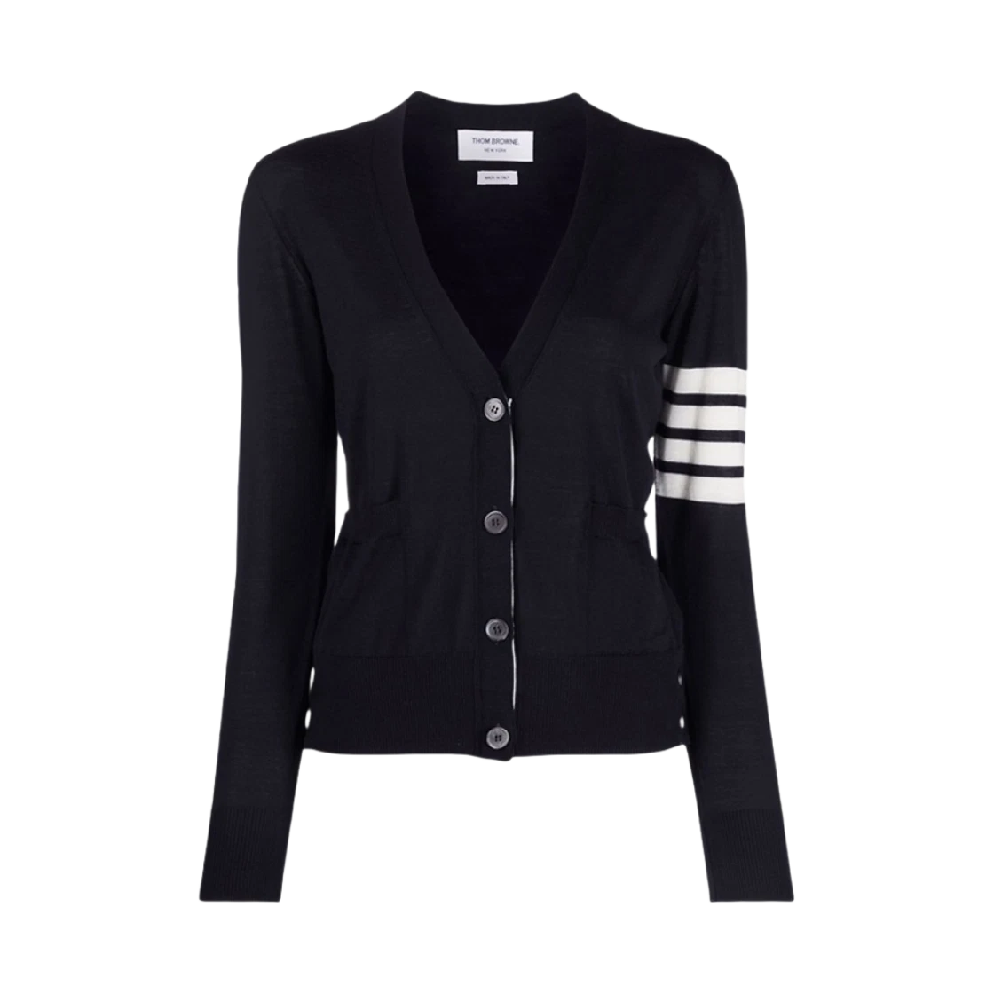 Thom Browne (W) Thom Browne Sustainable Fine Merino Wool 4-Bar Relaxed Fit V-Neck Cardigan Navy · 36