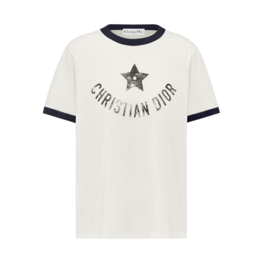 (W) Dior Dioriviera T-Shirt Cotton Jersey Ecru Navy Blue
