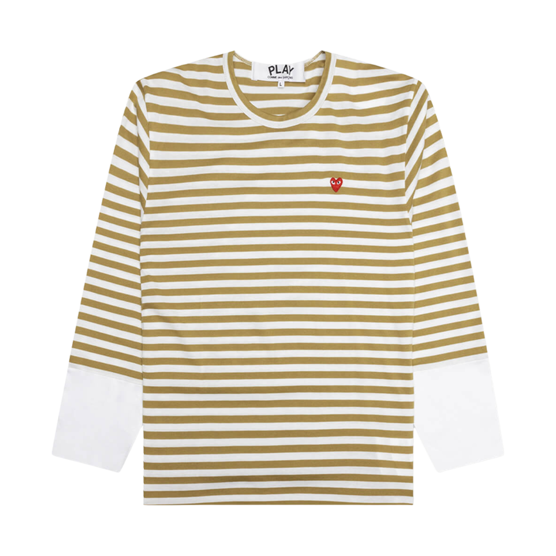 플레이 꼼데가르송 리틀 레드 하트 스트라이프 롱슬리브 티셔츠 머스타드 화이트(Play Comme des Garcons Little Red Heart Striped LS T-Shirt Mustard White) - 1