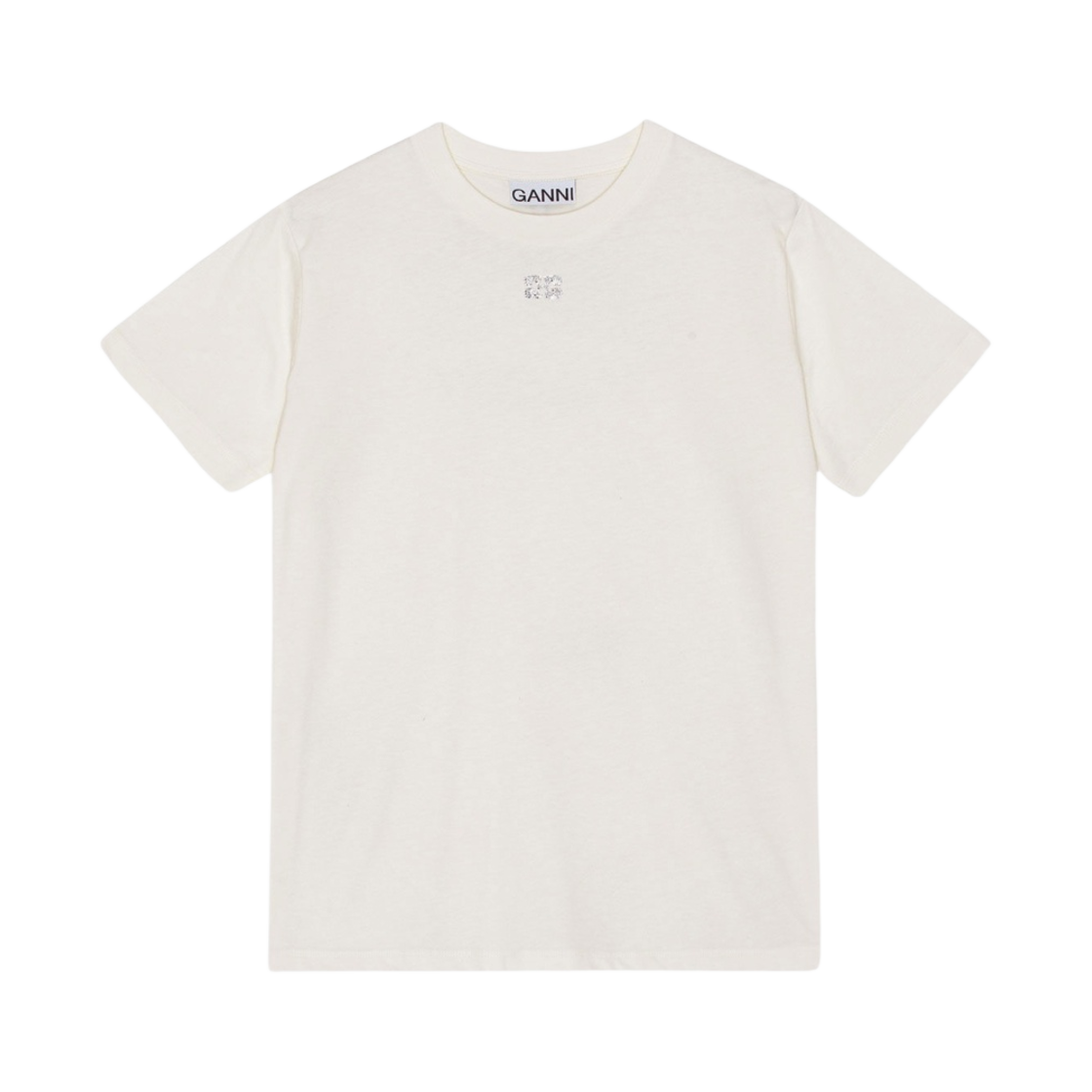 T3946-135 (W) Ganni Basic Jersey Rhinestone Relaxed T-Shirt Egret