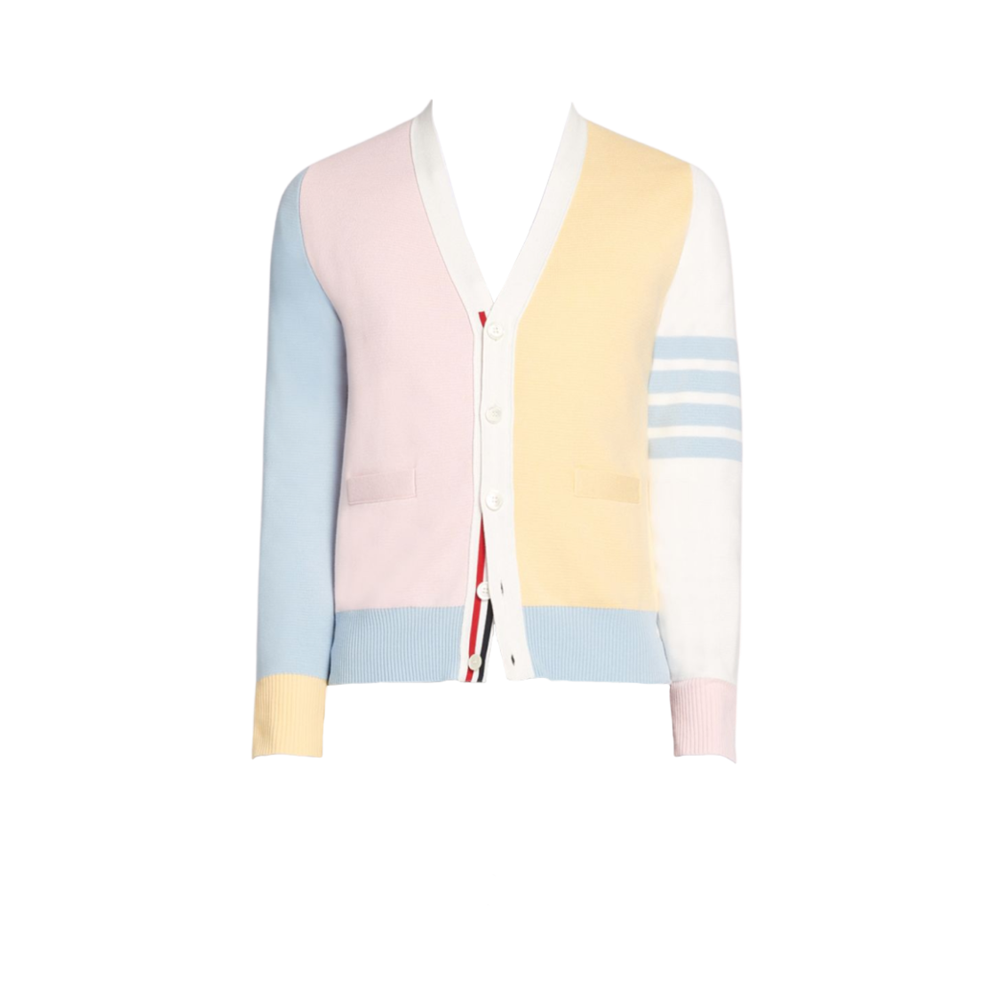 톰브라운 코튼 브이넥 사선 가디건 핑크 멀티컬러(Thom Browne Cotton V-Neck 4-Bar Cardigan Pink Multicolor) - 1