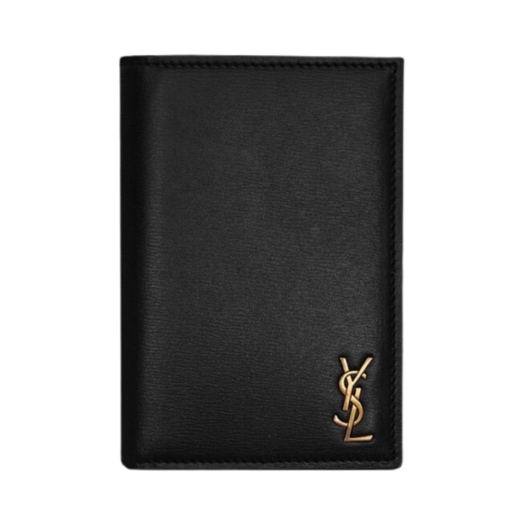 Saint Laurent Tiny Cassandre Credit Card Wallet in Shiny Leather Black