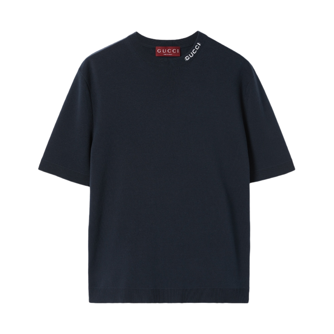 구찌 실크 코튼 티셔츠 인타르시아 네이비 실크 코튼 니트(Gucci Silk Cotton T-Shirt with Gucci Intarsia Navy Silk Cotton Knit)