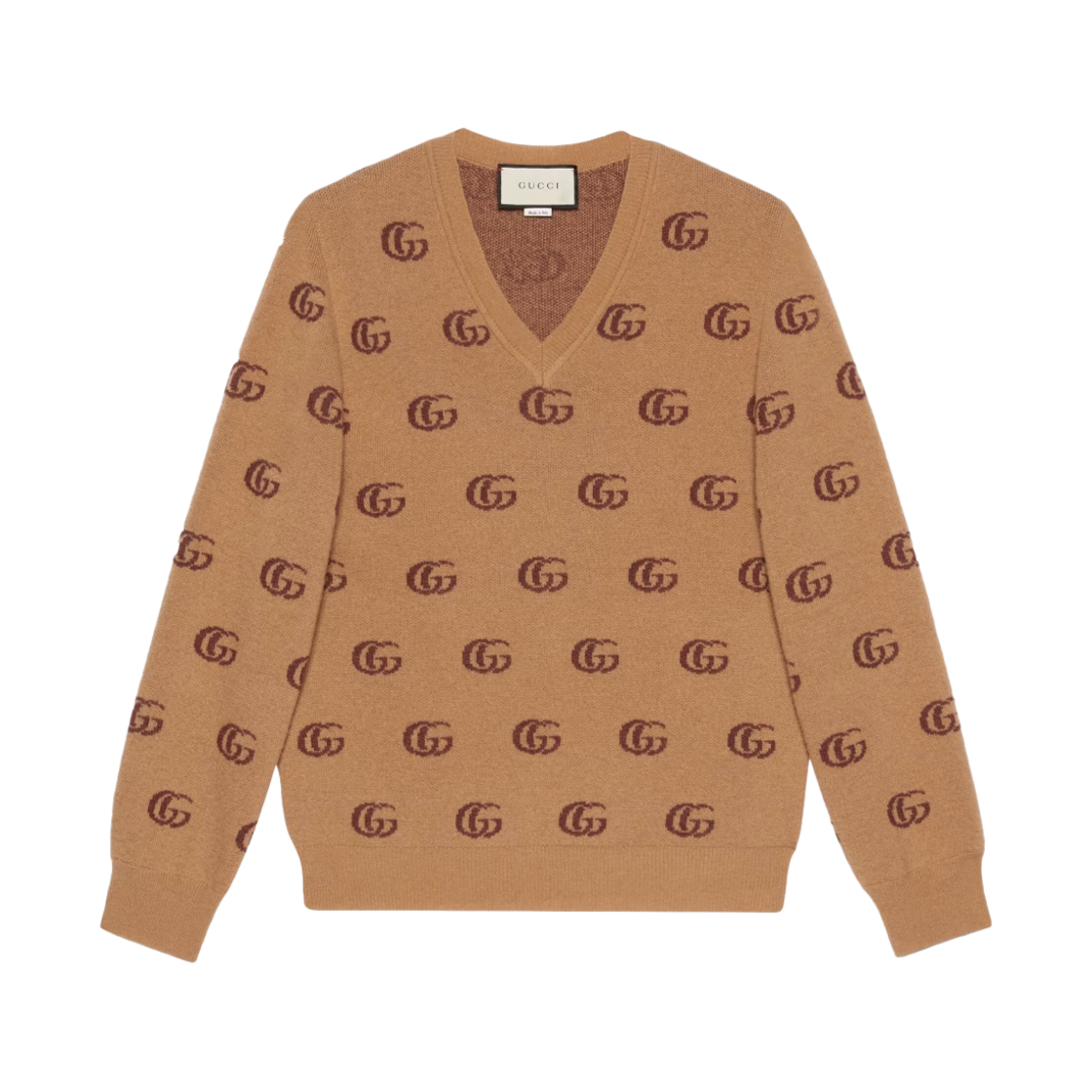 구찌 더블 G 자카드 울 V 넥 스웨터 카멜 브라운(Gucci Double G Jacquard Wool V-Neck Sweater Camel Brown) - 1