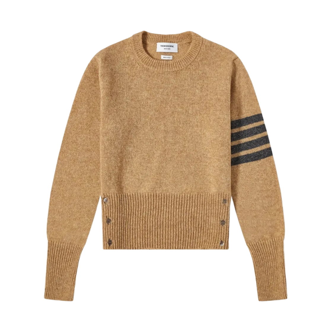 MKA317A-01085-275 Thom Browne Shetland Wool Jersey Stitch 4-Bar Stripe Classic Crewneck Pullover Camel