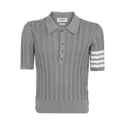 Thom Browne Cotton 4-Bar Cable Knit Short Sleeve Polo Light Grey