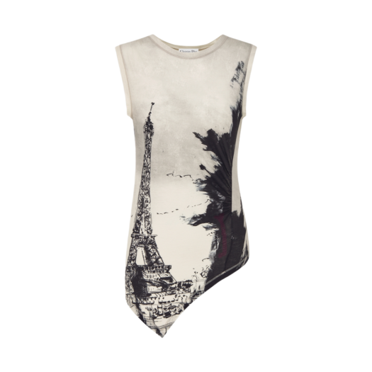 (W) Dior Cotton Jersey with Paris Motif Asymmetric Tank Top Black White