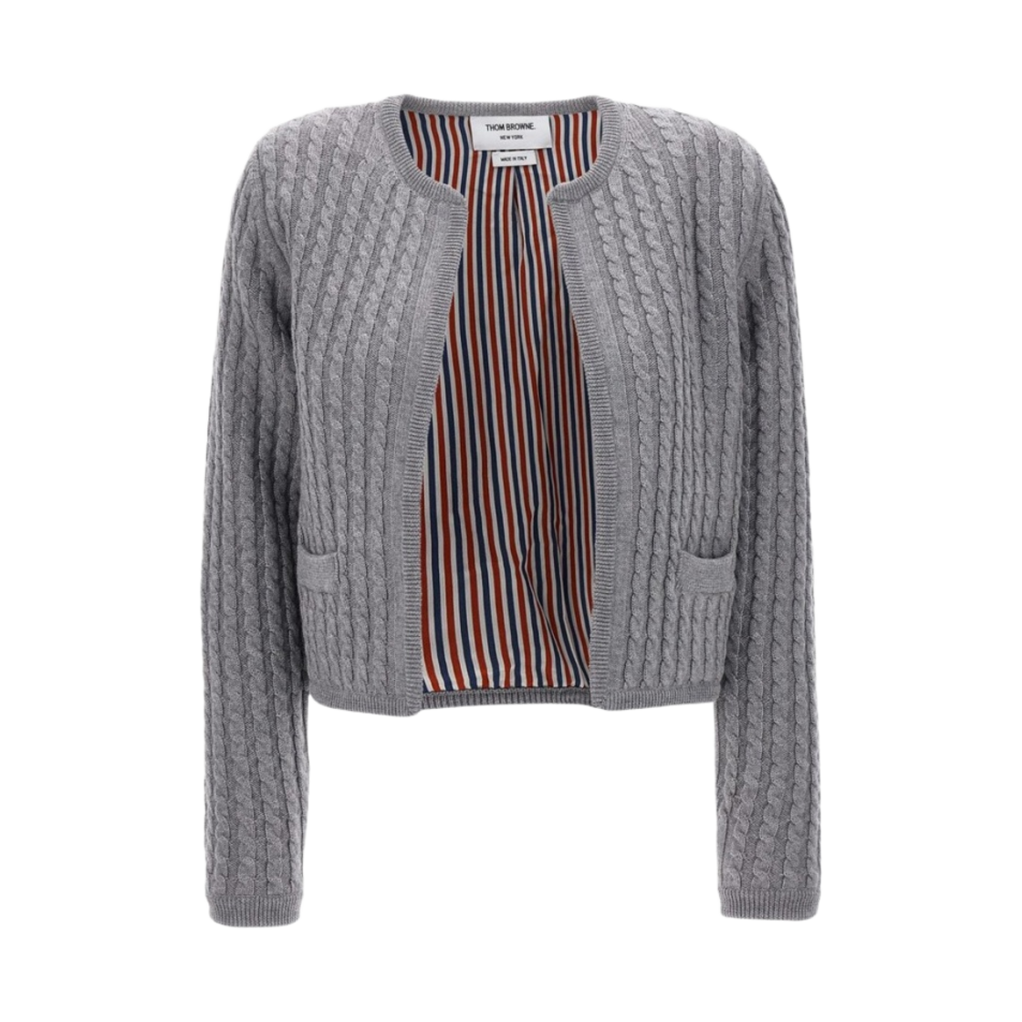 FKJ076A-Y1002-055 (W) Thom Browne Baby Cable Merino Crew Neck Cardigan Jacket Light Grey