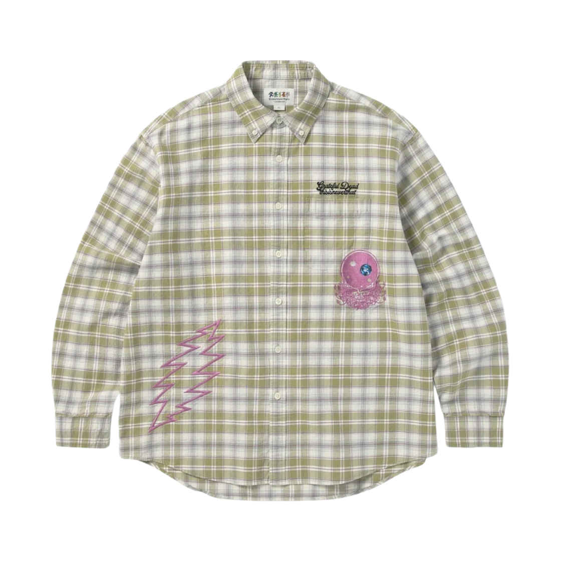 디스이즈네버댓 x 그레이트풀 데드 라이트닝 베어 플레이드 셔츠 카키