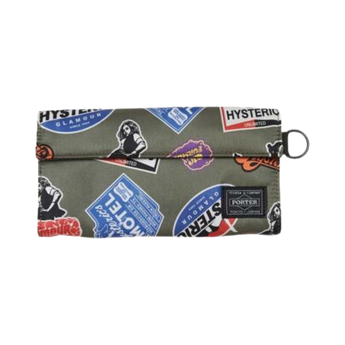 포터 x 히스테릭 글래머 클래식 스티커 패턴 롱 월렛 카키(Porter x Hysteric Glamour Classic Stickers Pattern Long Wallet Khaki)